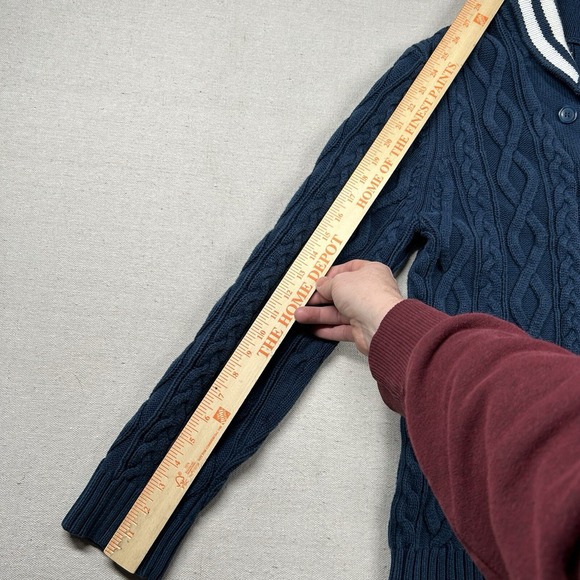 Express Sweater Womens M Cable Knit Shawl Cardigan Navy Blue Nautical Buttons - Picture 8 of 8